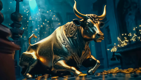 Beautiful and powerful golden bull, symbol of wealth and prosperity, golden bull idol, golden bull in golden treasure, religious worship of golden calf.の素材