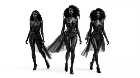 Black mannequin model walking on white catwalk.の素材
