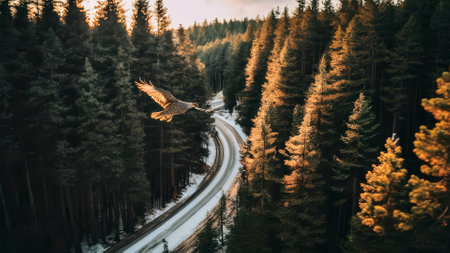 Aerial view of a winding road in a winter pine forest with snow-covered trees, a bird's eye perspective.の素材