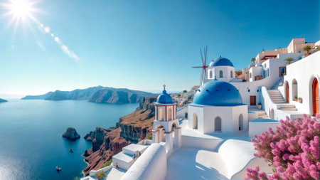 Scenic view of white houses and blue domes on Santorini.の素材