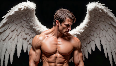 Portrait of a beautiful attractive black fallen angel on a dark background.の素材