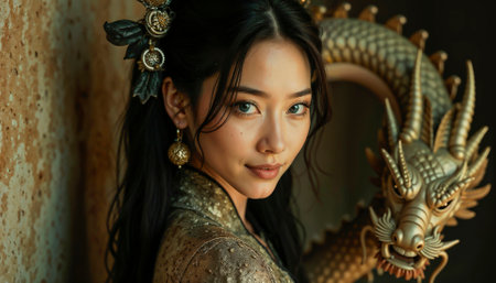 Beautiful Chinese witch with sexy look and gentle mysterious smile looking straight into the camera, behind her magical dragon as a protector and amulet.の素材
