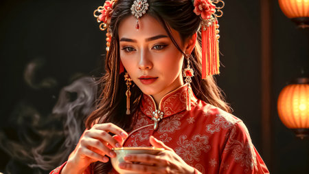 Beautiful and high-born geisha holds a Chinese tea ceremony with an elite tea set in an aristocratic rich hall.の素材