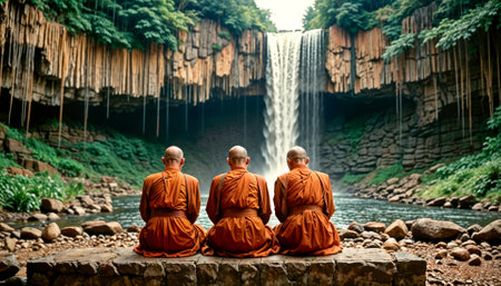 Buddhist monks meditating near the mountain waterfall. Spiritual contemplation with breathtaking scenery.の素材