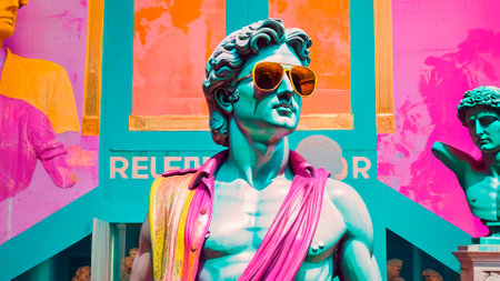 A fashionable concept, a statue of David in sunglasses stands in the hall of a modern museum along with other statues.の素材