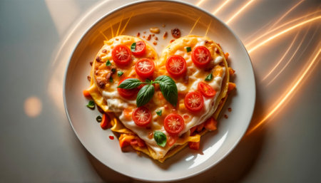 Delicious and appetizing heart-shaped omelette with cheese, tomatoes and basil on a ceramic plateの素材
