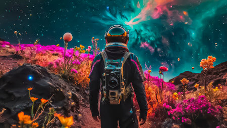 astronaut exploring space of unknown planet, landing on new unknown planet in the abyss of space.の素材