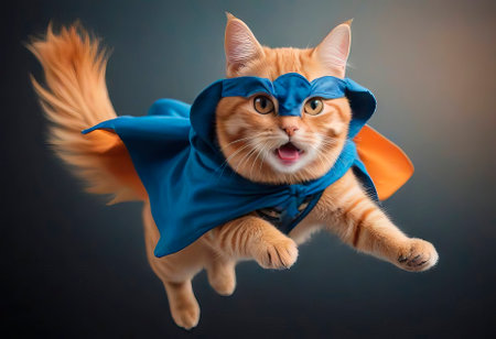 Cute ginger tabby cat dressed as superhero flying in superhero cape on dark blue background.の素材