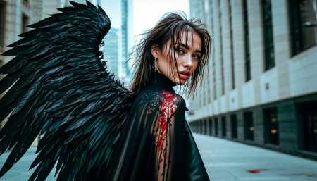 Beautiful and terrible fallen angel with black wings in blood.の素材