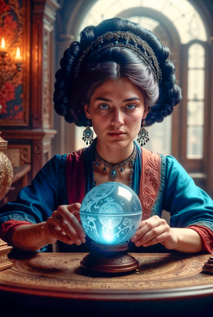 A beautiful mysterious fortune teller with piercing eyes predicts fate on a magic ball.の素材