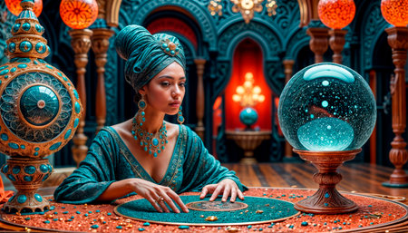 A beautiful mysterious fortune teller with piercing eyes predicts fate on a magic ball.の素材