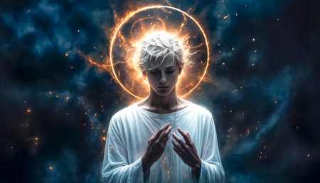 Enlightened Sage Offering a Great Prayer, Holiness and Spirituality, Light in the Dark.の素材