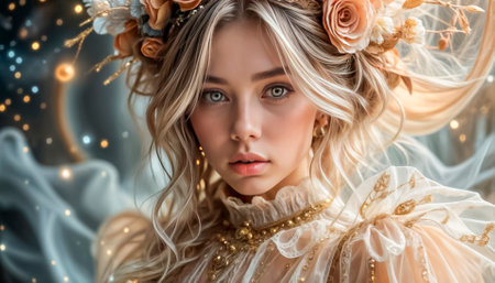 Portrait of a beautiful innocent girl in a chic white dress, beautiful bride or fairy.の素材