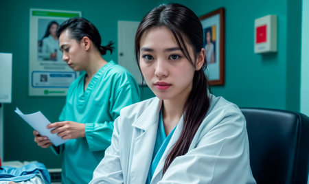 Close-up portrait of a smiling female doctor standing in a hospital corridor with a multicultural team of colleagues in the background.の素材