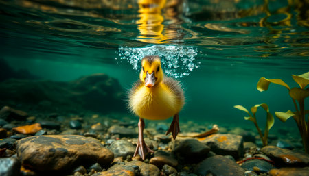 Cute and funny yellow duckling swimming in lake, little duck.の素材