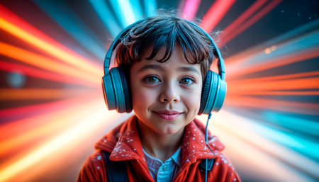 A child wearing headphones listens to music. Cute child in headphones listening to music, technology for children.の素材