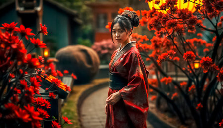 A tall-born Asian woman in a festive kimono walks slowly through a blooming Japanese garden.の素材