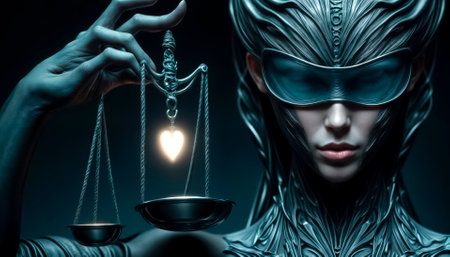 Themis, goddess of justice blindfolded, holding scales and heart, symbolizing morality in lawの素材