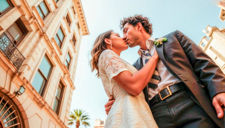 Beautiful, loving and happy newlyweds on their wedding day.の素材