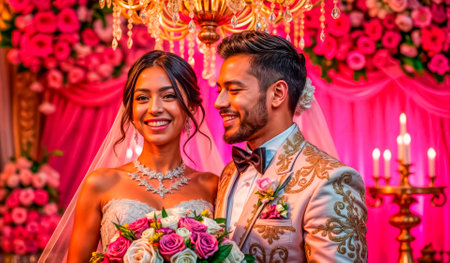 Loving and happy newlyweds on their wedding day, bright wedding decoration.の素材