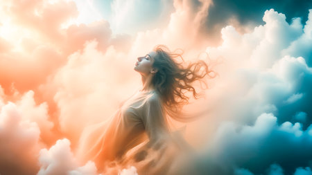 The soul of a deceased person ascends to heaven. Afterlife, meditation and dream concept.の素材