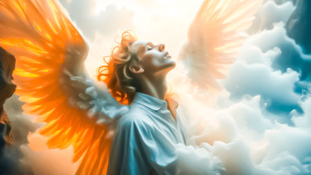 The soul of a deceased person ascends to heaven. Afterlife, meditation and dream concept.の素材