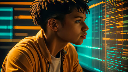 Portrait of a code developer sitting at a table with multiple screens, analyzing an algorithm in a software development agency.の素材