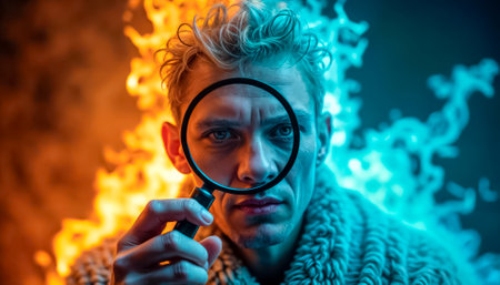 Professional brilliant detective examining evidence through magnifying glass.の素材