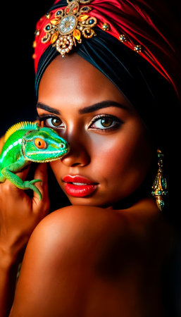 A fashionable beauty poses for the camera with a chameleon.の素材