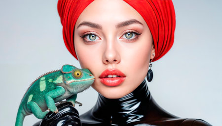 A fashionable beauty poses for the camera with a chameleon.の素材