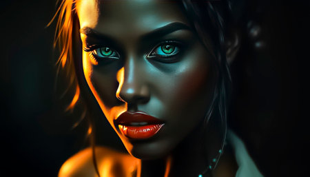 Portrait of a beautiful demonic girl with red sensual lips and bright eyes, portrait on a dark background.の素材