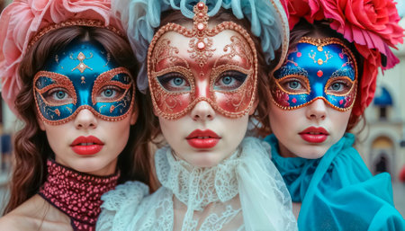 A beautiful stranger at a Venetian carnival smiles mysteriously and tenderly.の素材