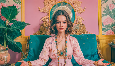 Young beautiful woman meditates in an oriental interior, fashionable interior, spiritual practices, cosmic energy and mental health.の素材