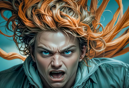 Lonely brave and furious man, emotion of determination and action.の素材