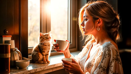 Young woman drinking tea looking out window on sunny day, in modern kitchen, fluffy and cute kitten sitting on windowsill next to woman.の素材
