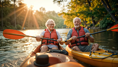 Cheerful active seniors floating on river in inflatable boat.の素材