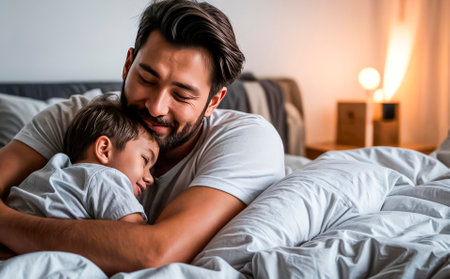 Father and child hugging in bed, spending time together in bedroom at night before sleep at home.の素材