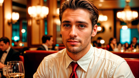 Portrait of a handsome young man on a date in a restaurant.の素材