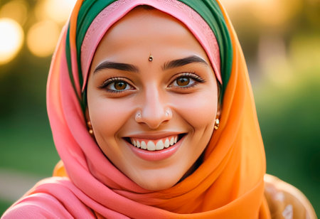 Portrait of young smiling Muslim girl wearing headscarf.の素材
