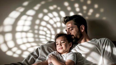 Father and child hugging in bed, spending time together in bedroom at night before sleep at home.の素材