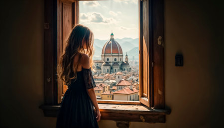 A girl admires the beautiful Florentine Cathedral Santa Maria del Fiore from the window. Florence, Italy.の素材