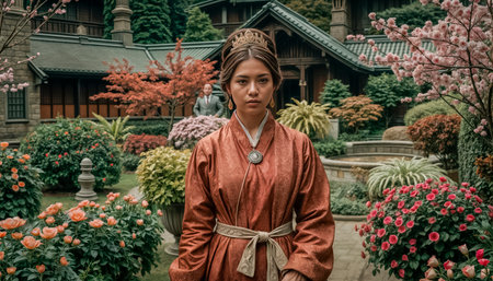 A tall-born Asian woman in a festive kimono walks slowly through a blooming Japanese garden.の素材