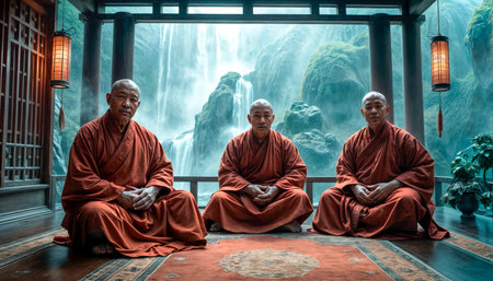 Buddhist monks meditating near the mountain waterfall. Spiritual contemplation with breathtaking scenery.の素材