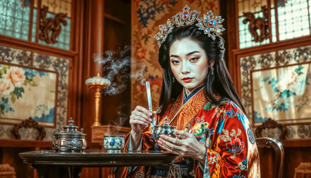 Beautiful and high-born geisha holds a Chinese tea ceremony with an elite tea set in an aristocratic rich hall.の素材