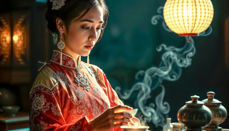 Beautiful and high-born geisha holds a Chinese tea ceremony with an elite tea set in an aristocratic rich hall.の素材