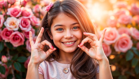Cute and charming girl making heart shape signs with her fingers. Love showing heart gesture, family happy moment.の素材