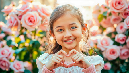 Cute and charming girl making heart shape signs with her fingers. Love showing heart gesture, family happy moment.の素材