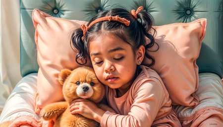 Adorable sleepy little girl hugging her favorite teddy bear, sleep, relaxation, friendship and happiness.の素材
