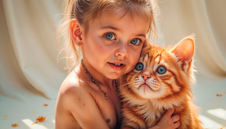 A cute little girl with a touching look easily hugs her favorite cat, happy friendship of a child and a cat, smiles and happiness.の素材