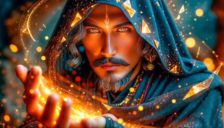 Mysterious sorcerer with piercing eyes predicts fortune and casts spells.の素材